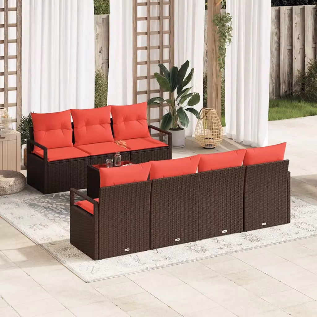 Set di divani da giardino vidaXL a forma di U con 8 posti, colore marrone e rosso, in rattan e metallo con cuscini inclusi