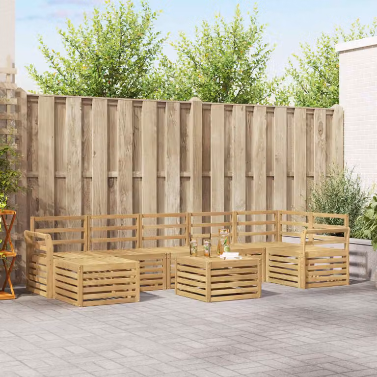 vidaXL Set di divani da esterno a L composto da 8 pezzi in legno di acacia massello con cuscini bianchi e marroni per giardino e terrazza