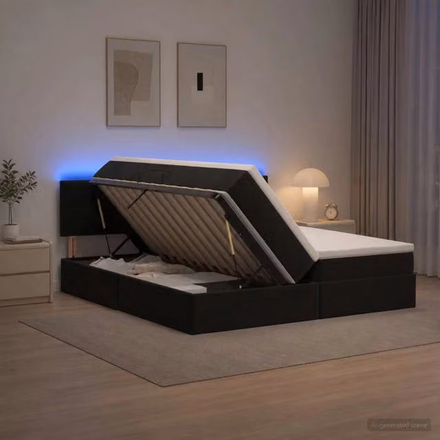 Letto con contenitore e illuminazione LED vidaXL in velluto nero con porta USB e materasso incluso L/P/H: 200 x 200 x 88 cm – 1