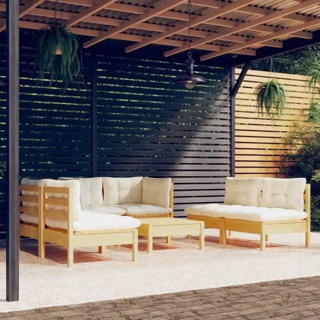 Set Divani da Giardino 7 pz con Cuscini Crema Massello di Pino 3096214