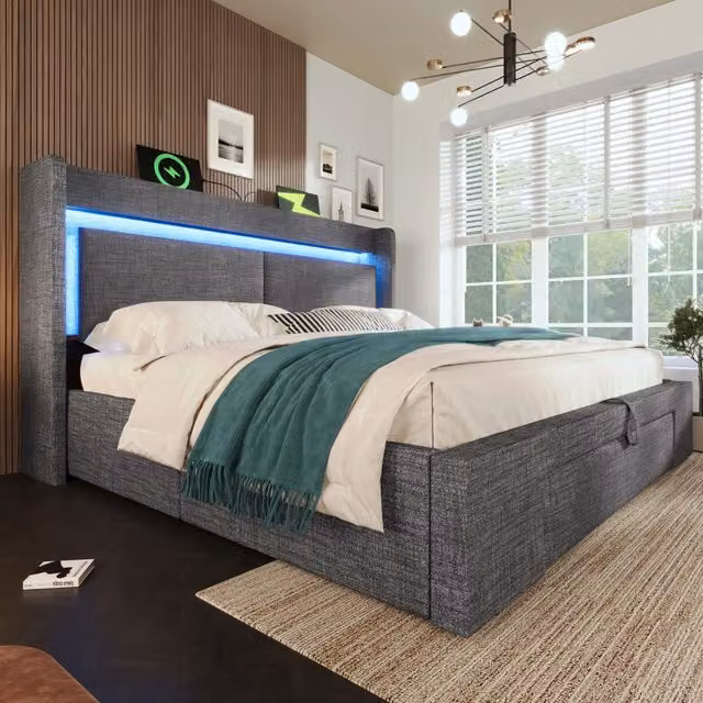 Letto imbottito 180x200 cm con contenitore idraulico; testiera con USB e USB-C; lino grigio (Senza materasso)