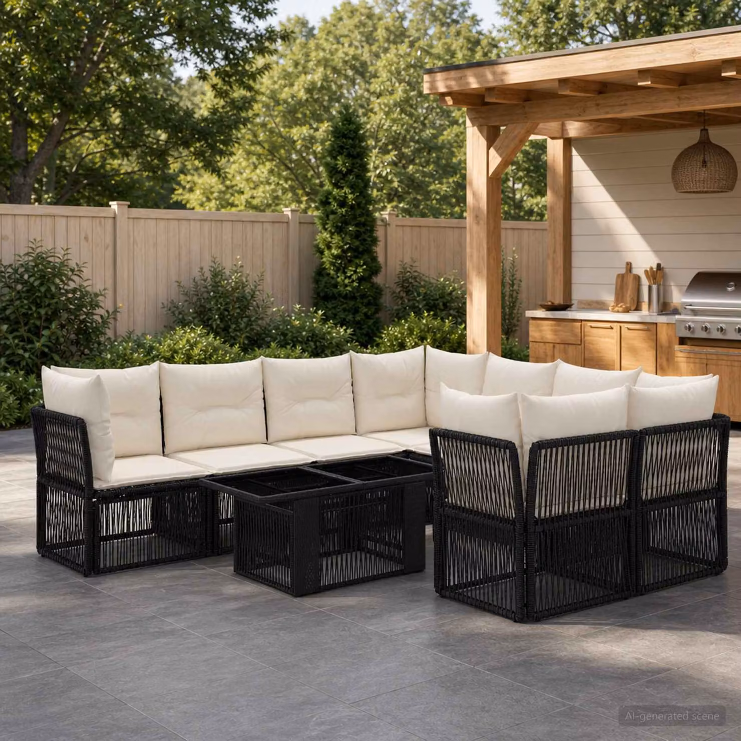 Set Divano da Giardino Moderno vidaXL in Polyrattan Nero con Tavolino e Cuscini a Forma di U