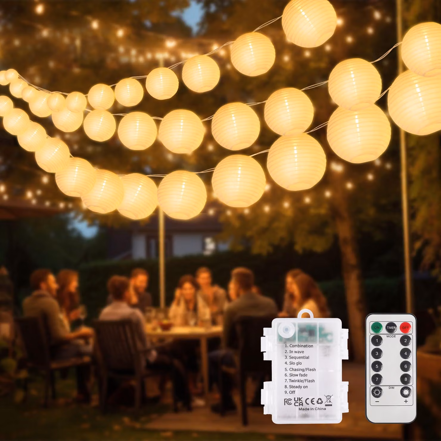 Catena luminosa a forma di lanterna, 8 metri, 20 LED, luce bianco caldo, alimentazione a batteria, con telecomando