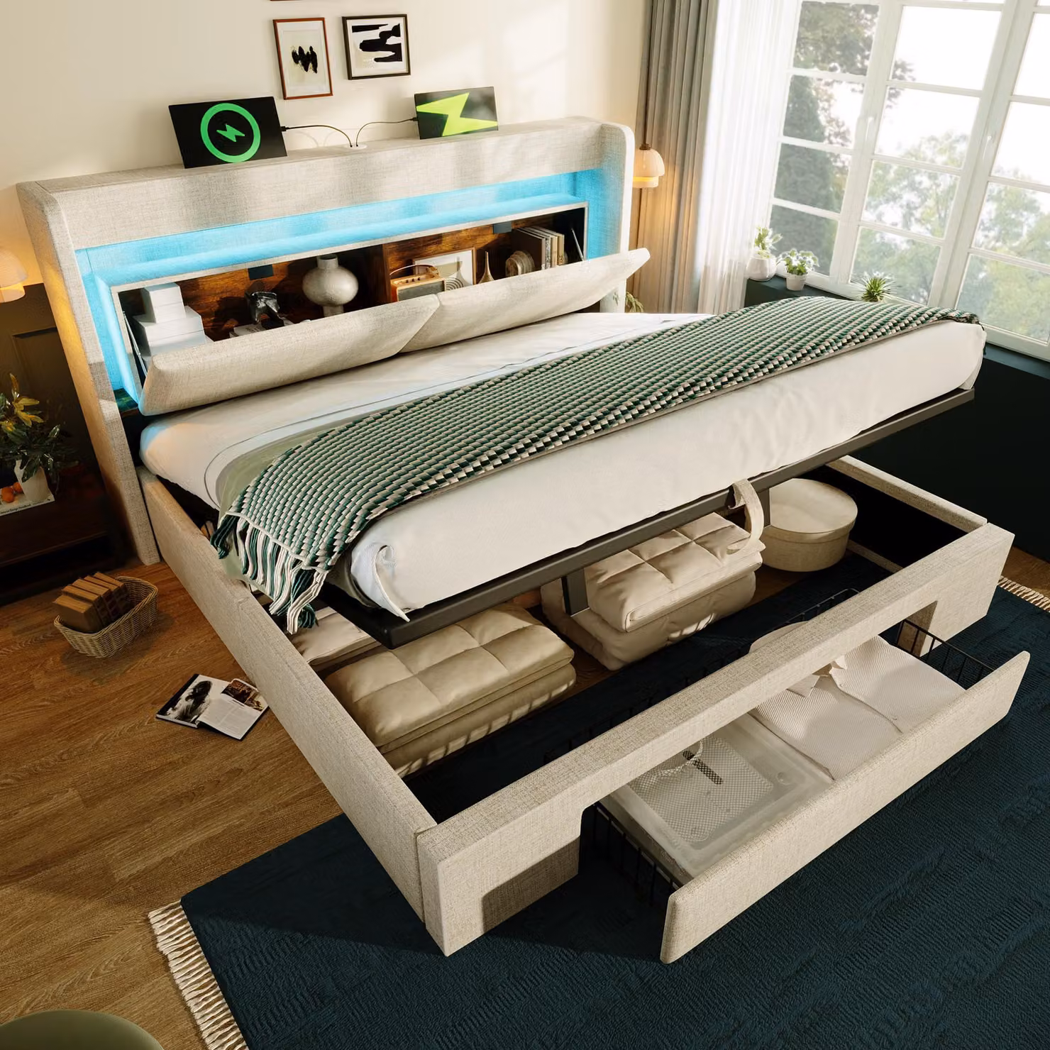 Letto imbottito idraulico Flieks 140x200 cm con USB e Type-C, letto con contenitore dotato di cassetto e ripiano, letto matrimoniale per ragazzi, rivestimento in lino, beige