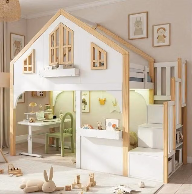Letto a soppalco per bambini 90x200 cm con scala contenitore; LED e finestra; bianco
