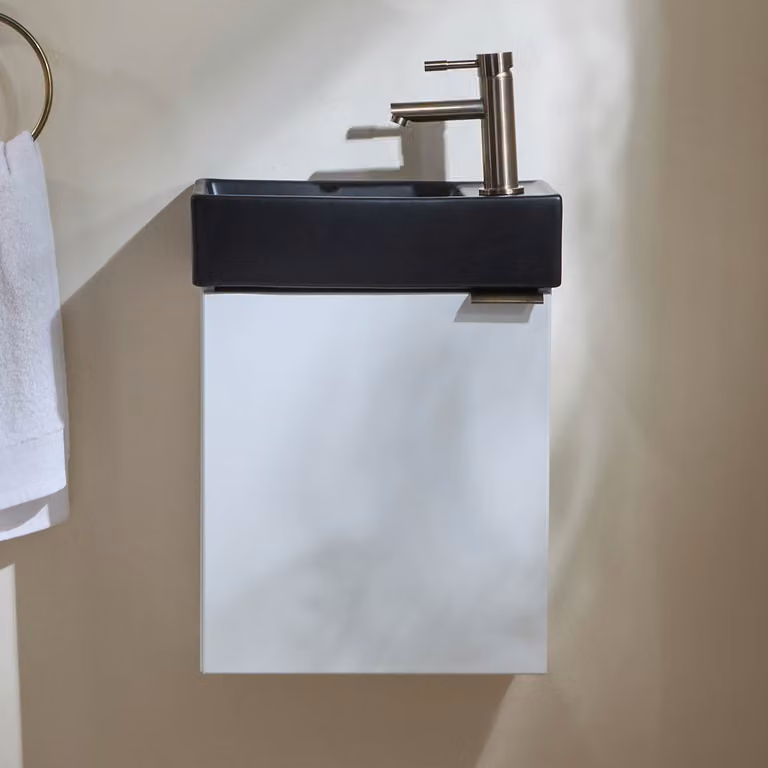 Mobile Bagno Bianco Sospeso da 400mm con Lavabo Nero e Maniglia con Impugnatura a Dito in Ottone Spazzolato - Cluo