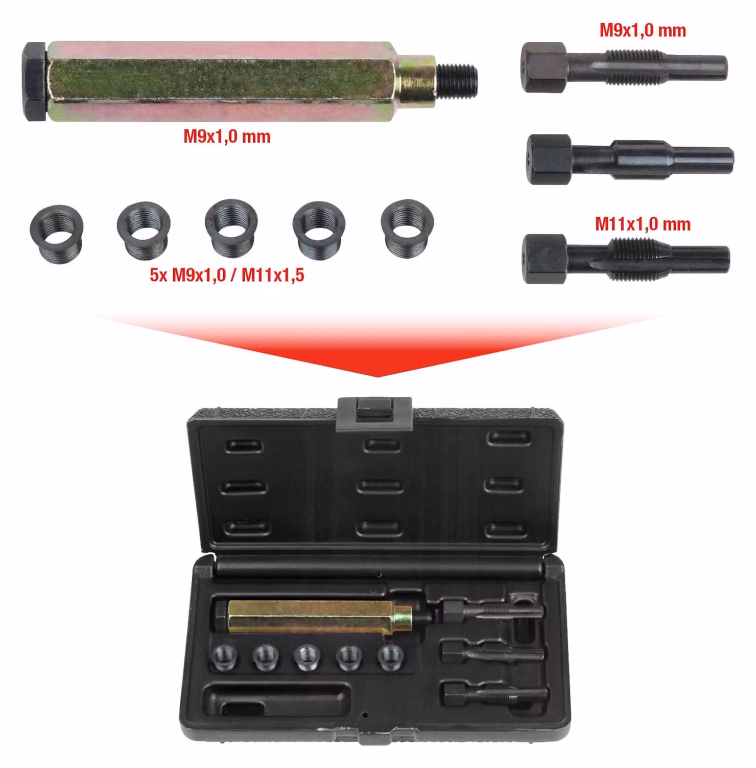 KS TOOLS Kit di riparazione THREADfix M9x1 per candelette 9 pezzi - 150.5030