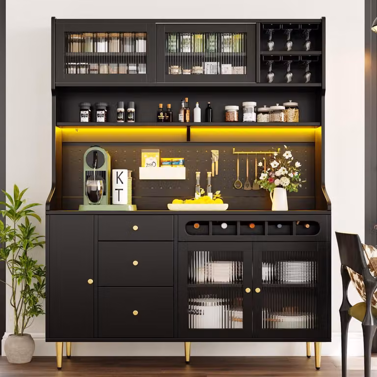 Mobile da cucina con illuminazione a LED, portabottiglie, cassetto, ripiani interni regolabili, colore nero, dimensioni 145x39x171 cm