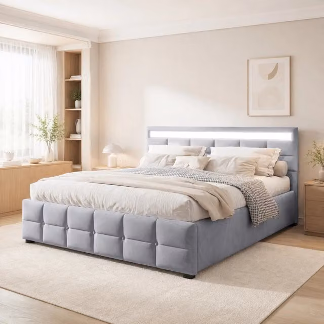 Letto imbottito matrimoniale con contenitore idraulico e illuminazione LED in velluto olandese grigio