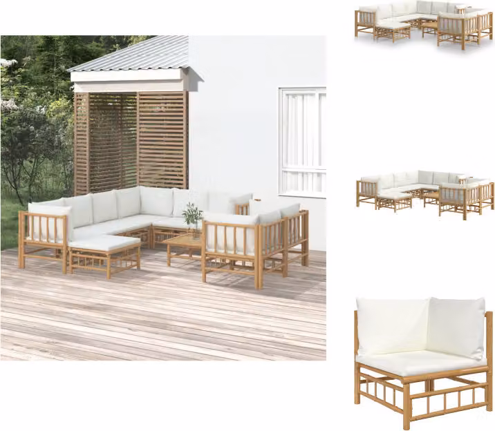 vidaXL Set da giardino da 10 pezzi con cuscini in bambù bianco crema - Set di mobili da giardino