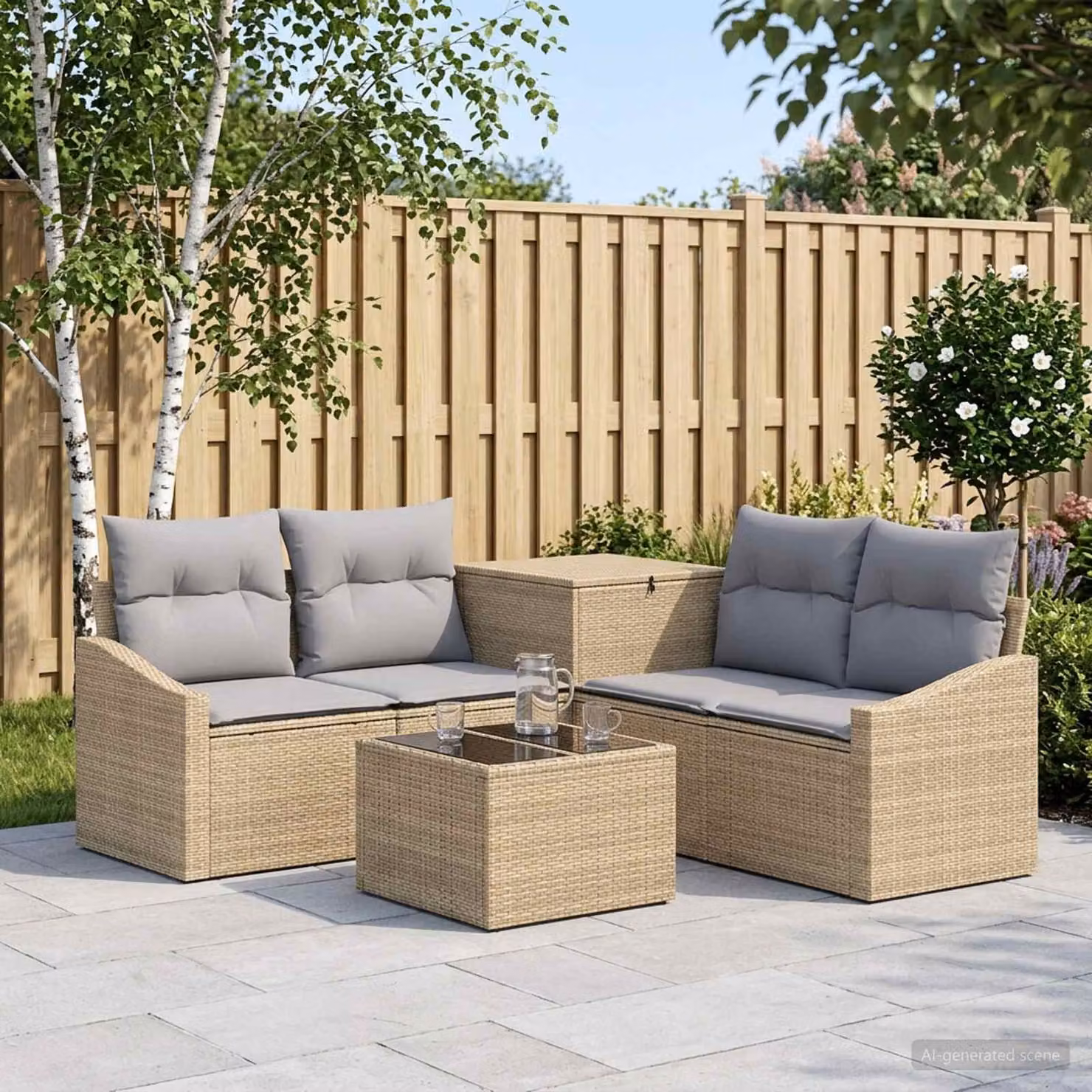 Set di divani da giardino vidaXL in polyrattan con forma a L, 6 pezzi, beige e grigio con cuscini e tavolino da caffè incluso