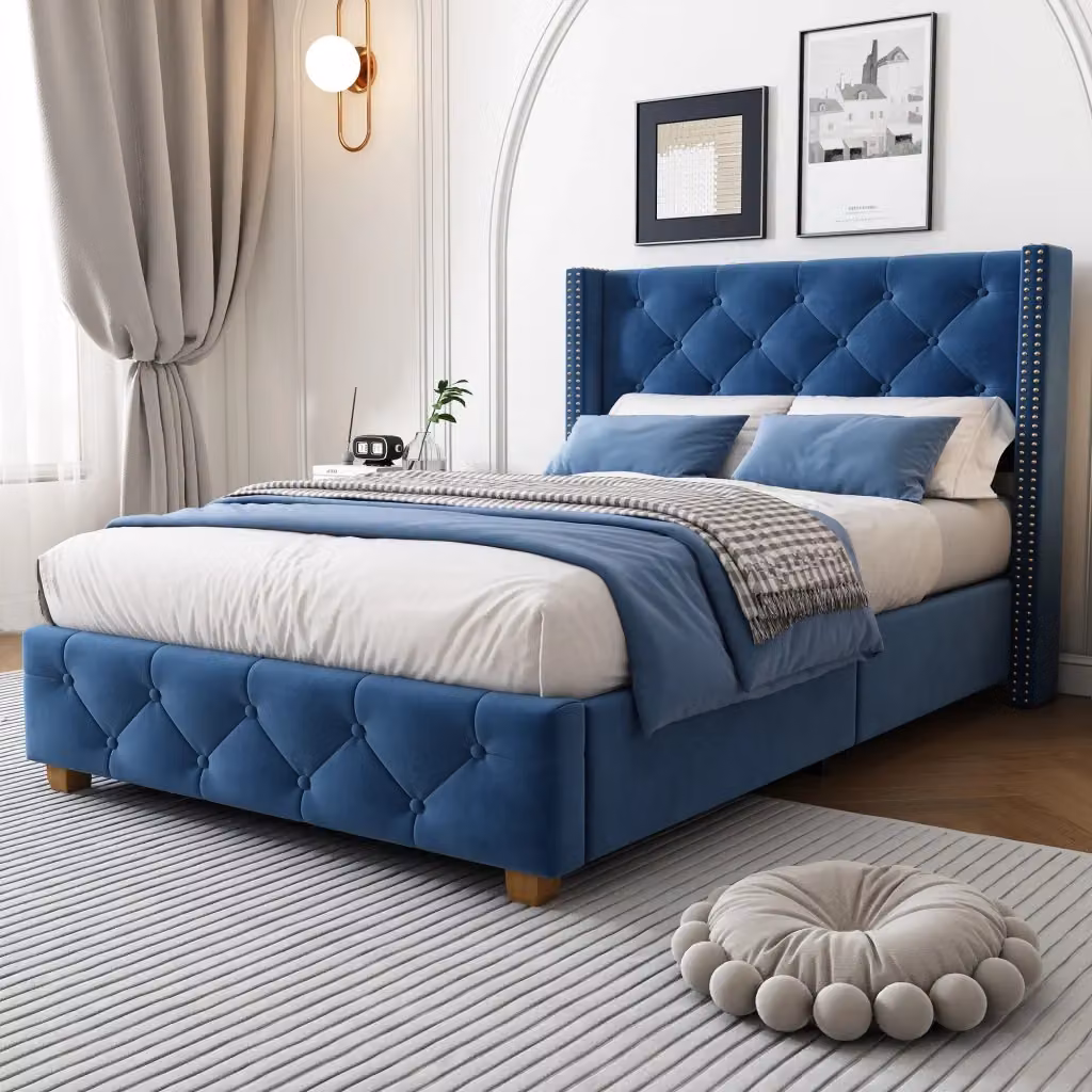 Letto imbottito moderno CIPACHO in velluto blu L 100 cm x P 205 cm – 2