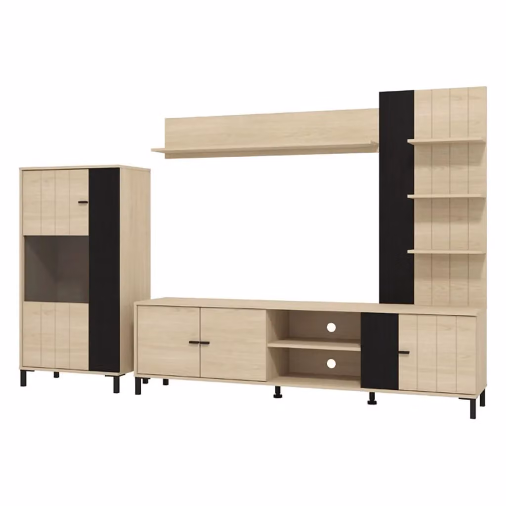 Parete Attrezzata Modulabile DMORA per Soggiorno con Vetrine e Lowboard, Marrone e Beige, L: 263 cm, P: 40 cm, H: 167 cm – 2