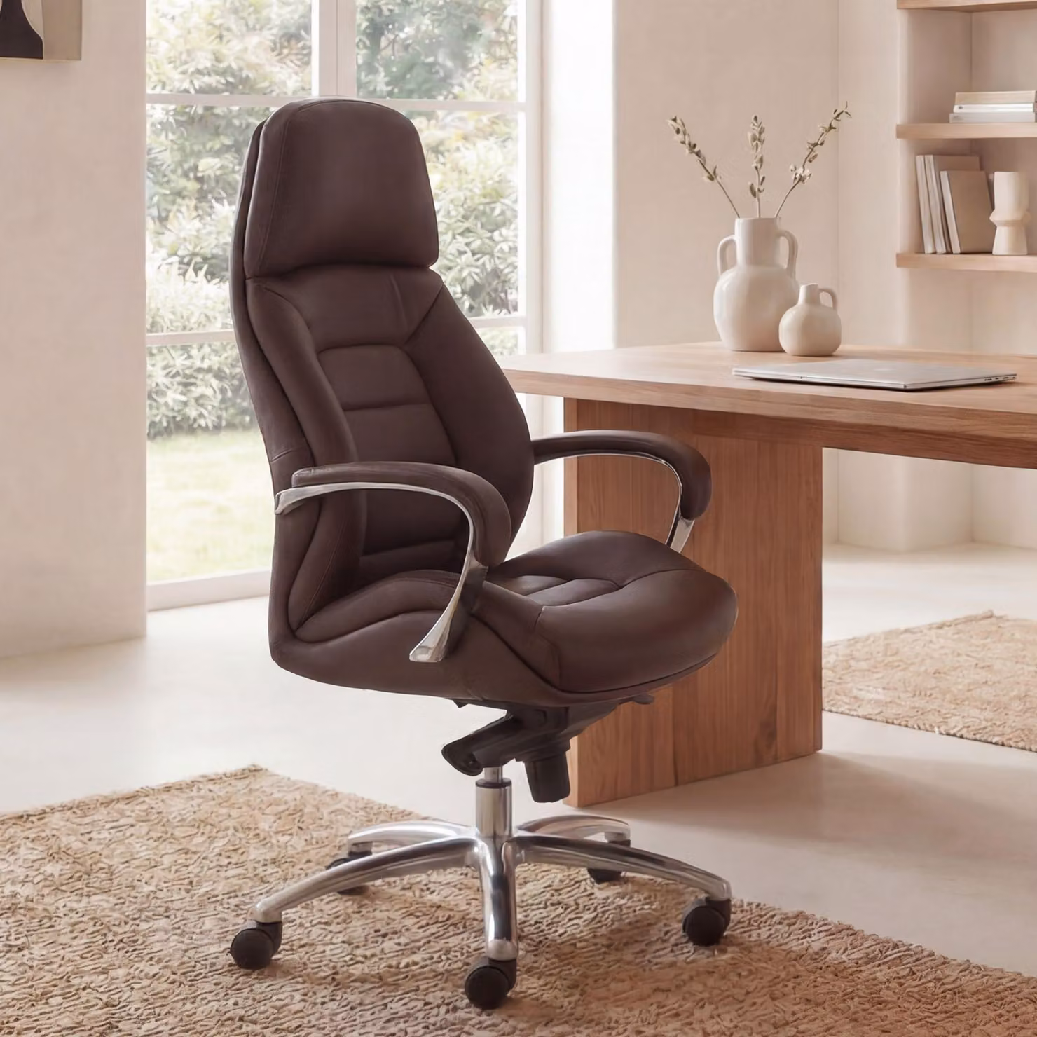 FineBuy: sedia da ufficio di design con rivestimento in vera pelle marrone, sedia da scrivania fino a 120 kg, poltrona direzionale XXL, regolabile in altezza, sedia girevole ergonomica con braccioli