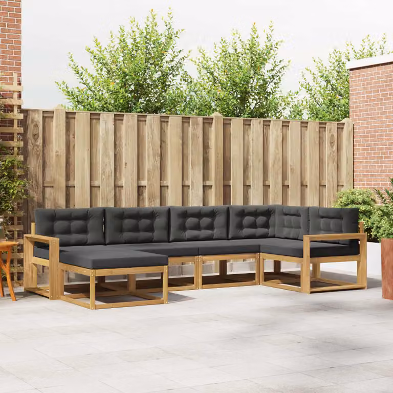 vidaXL Set di divani da esterno a L composto da 5 pezzi con pouf, struttura in legno di acacia e cuscini in poliestere bianco e antracite