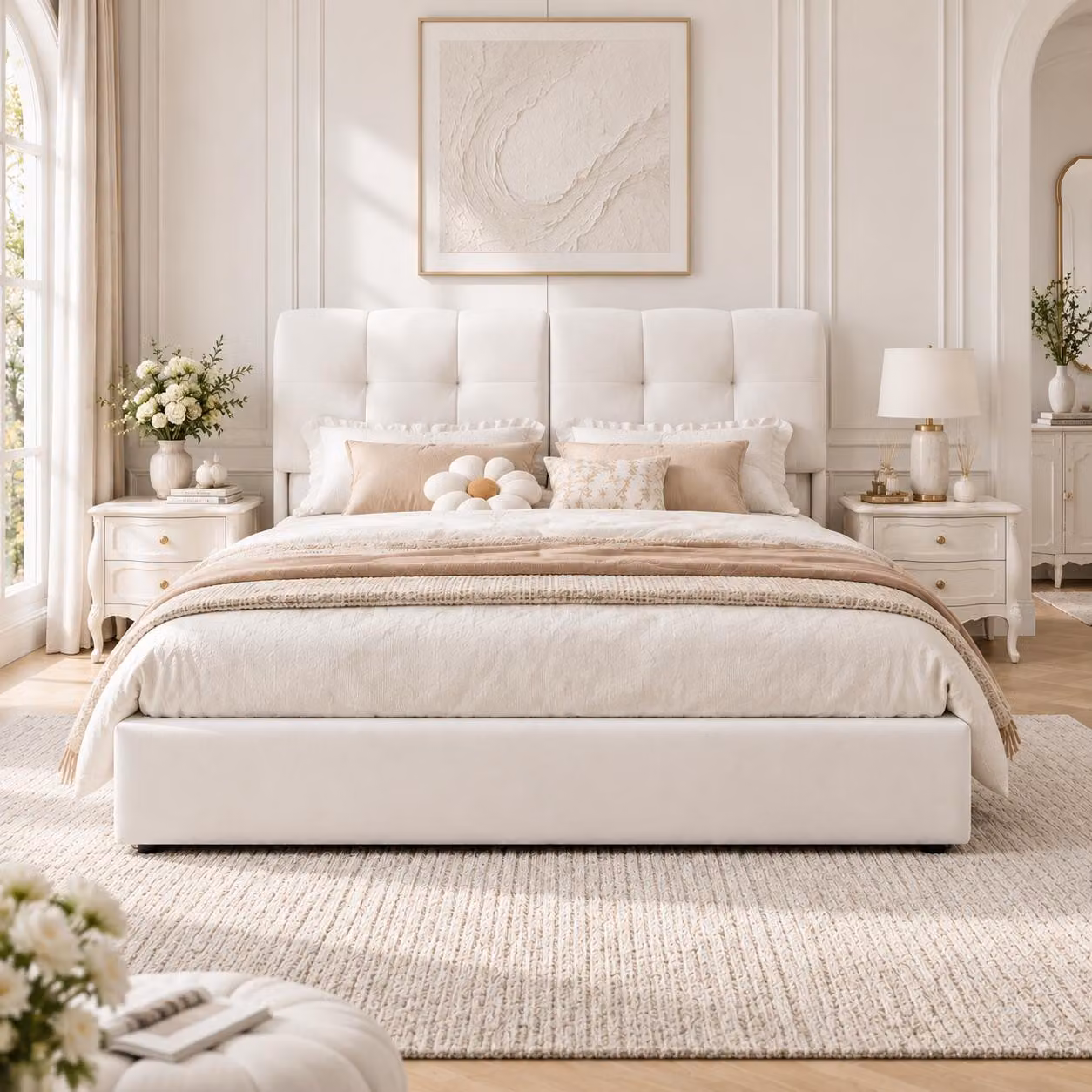 Letto idraulico imbottito INONEFT, 140x200 cm, con LED e USB, letto per ragazzi, letto contenitore, struttura letto matrimoniale con testiera e rete a doghe, in velluto, color beige