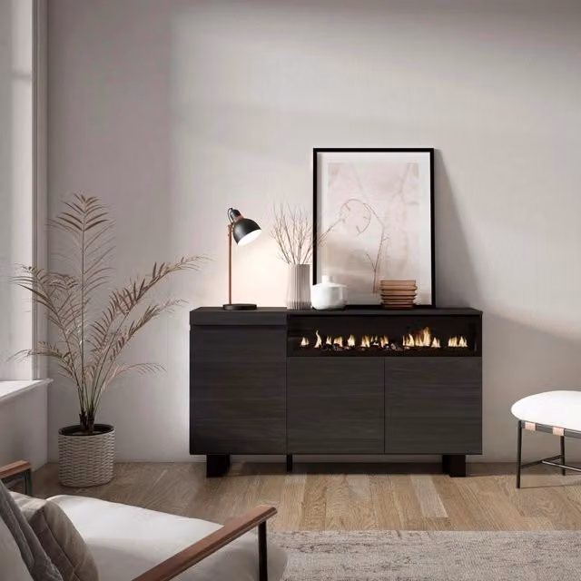 Credenza, Mobile, 150x35x87cm, 3 Porte, Camino elettrico, Design industriale, Nero RF2515