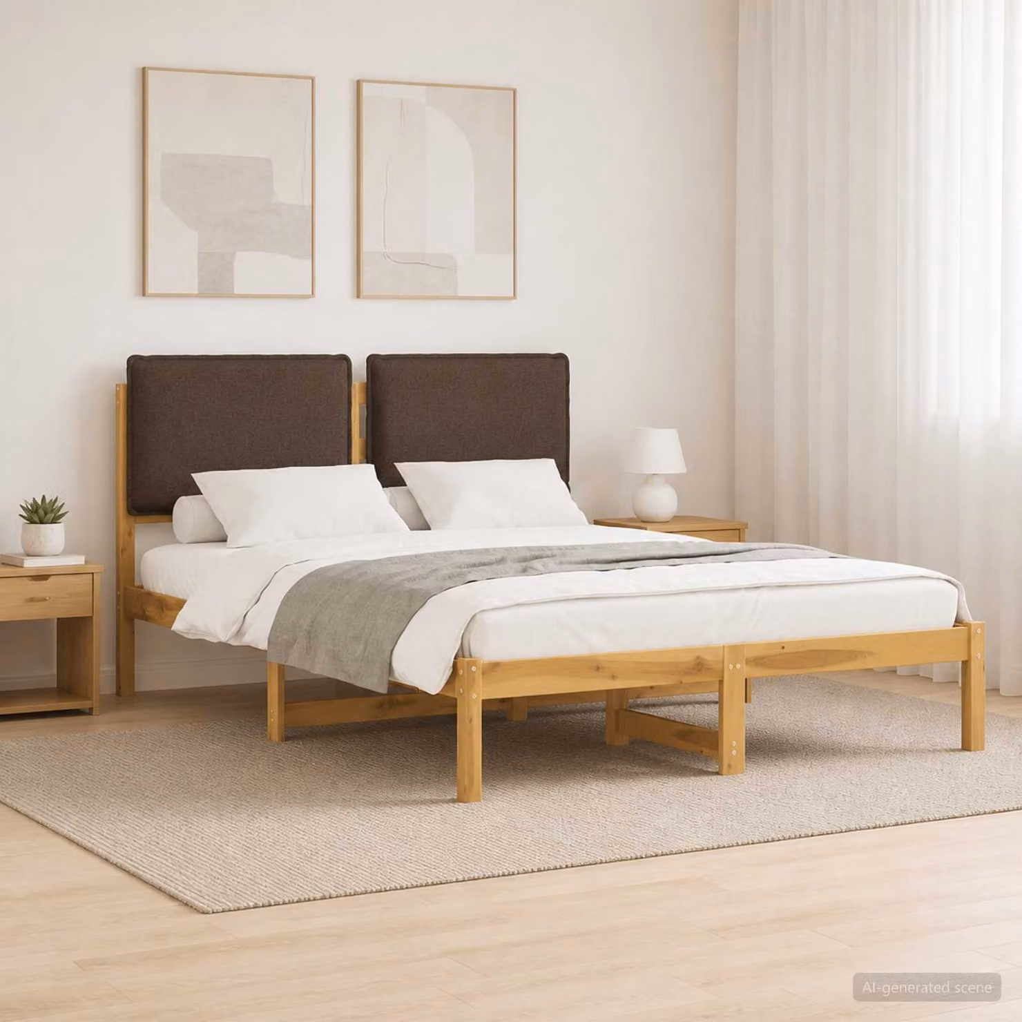 Letto con testiera rivestita vidaXL in legno di acacia e tessuto, Bianco lavato e Beige, L 135 x P 190 cm