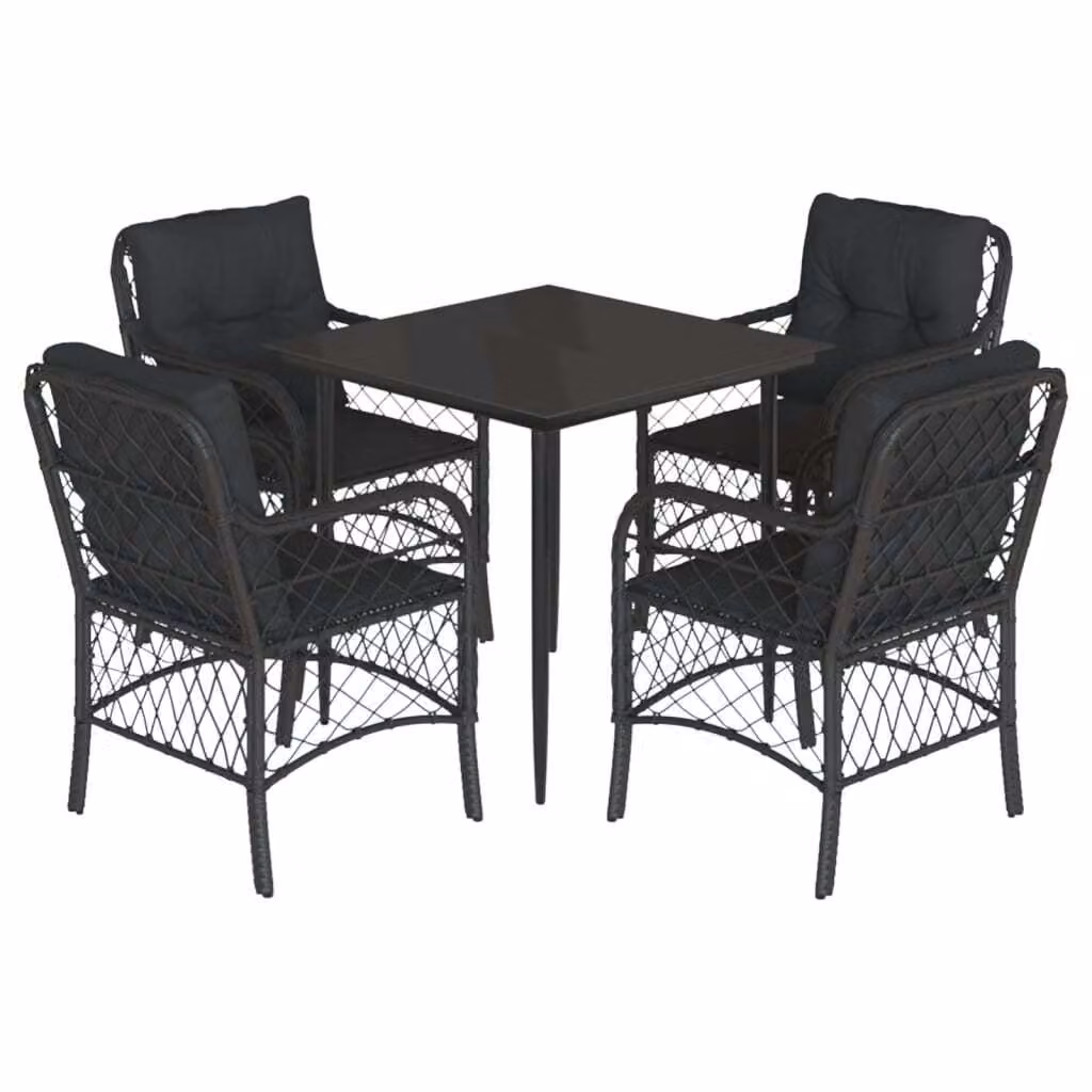 Set da Pranzo da Giardino 5 pz Nero con Cuscini in Polyrattan