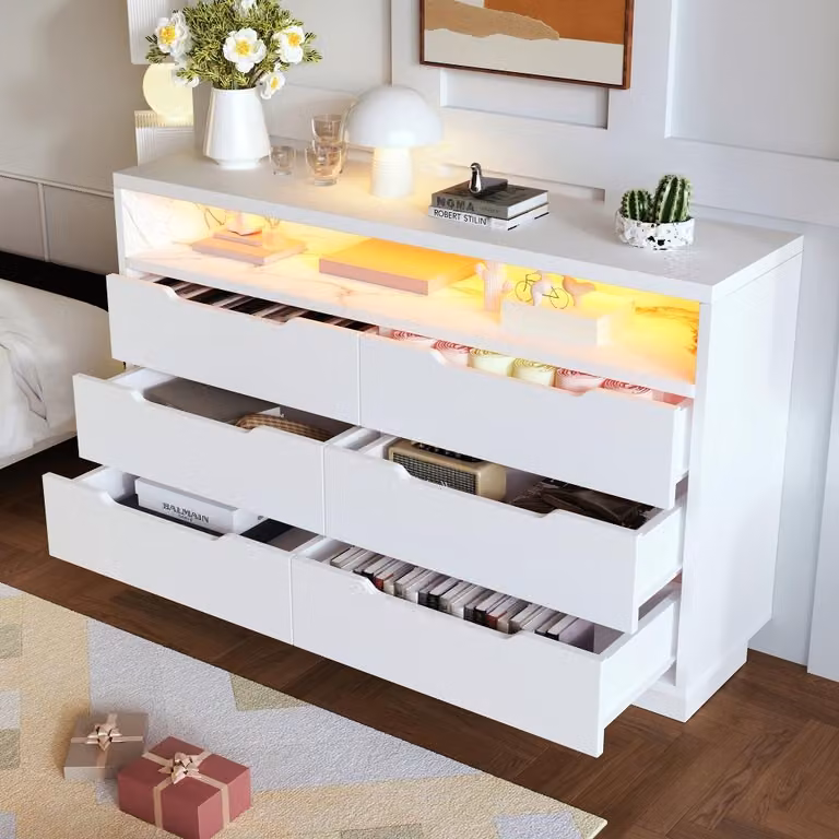 Mobile bar bianco con illuminazione a LED, cassettiera con 6 cassetti e ripiano aperto effetto marmo, dimensioni 120x40x85 cm, ideale per soggiorno e camera da letto