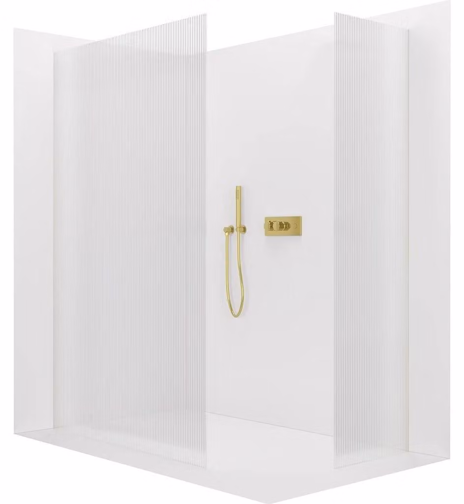 CERANO - Box doccia Walk-in Crystal T L/P - 8 mm - sistema senza montanti - dorato, vetro rigato - 150x60x200 cm