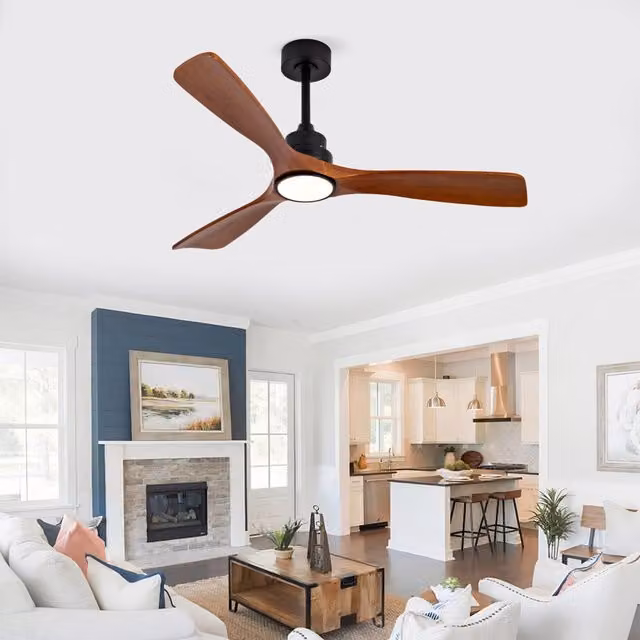 Ventilatore da soffitto moderno con luce LED dimmerabile, 3 pale in legno massello, 6 velocità e telecomando, colore legno e rame
