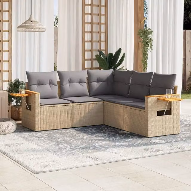 Set Divano da Giardino 5 pz con Cuscini-Sofa da Giardino-Divanetto da esterno Beige in Polyrattan 140697