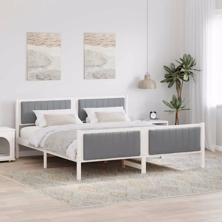 Struttura del letto moderna vidaXL in legno di pino e tessuto, Bianco e Grigio, L/P/H: 180 x 200 x 85.5 cm