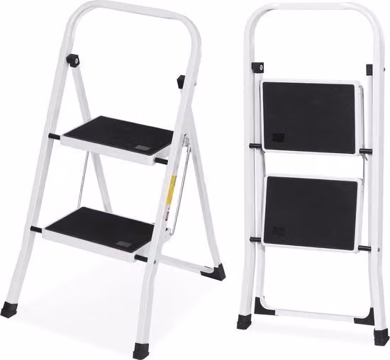Scala a 2 gradini portatile bianca con piedini antiscivolo, portata 158 kg per uso domestico e cucina