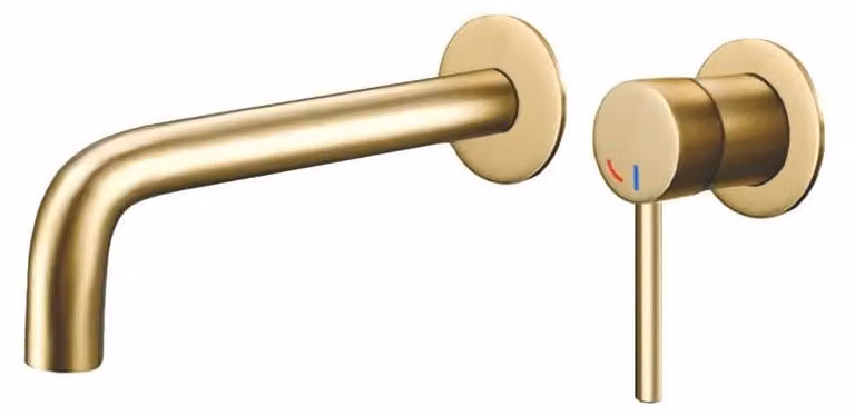 Miscelatore monocomando per lavabo, finitura oro spazzolato, ottone, con bocca di uscita di 21 cm