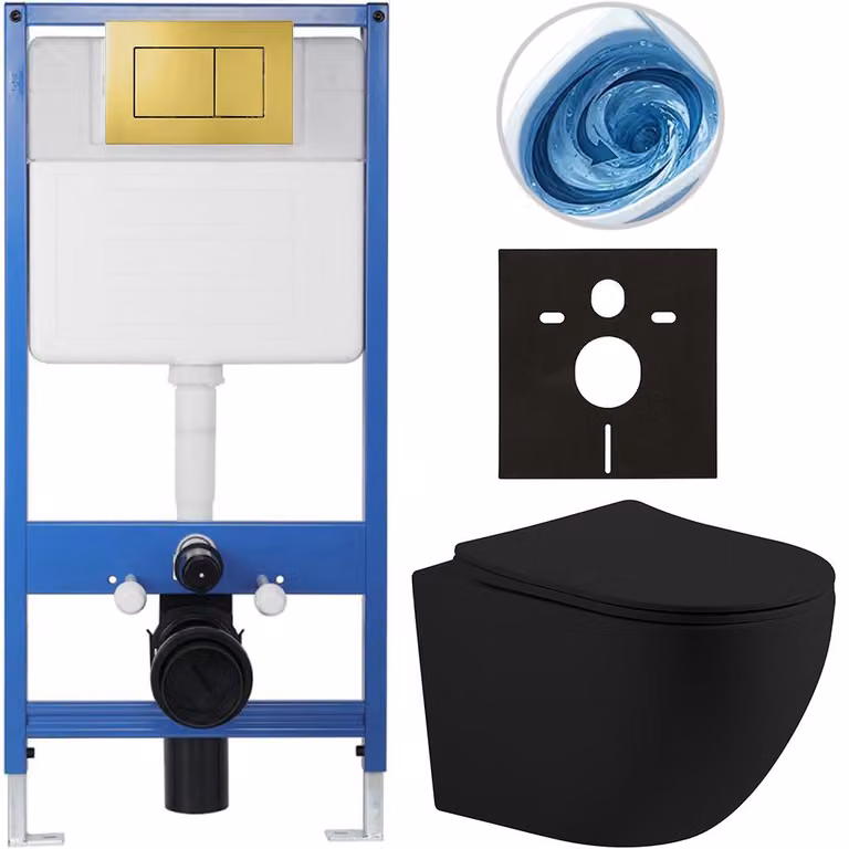 CERANO - Set completo per WC da incasso Lite/Cesso - nero opaco - pulsante WC Classic, dorato - installazione a parete/cartongesso - 49x36 cm