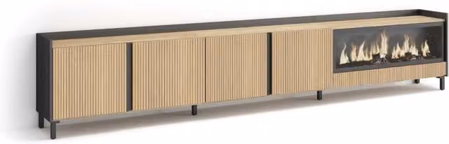 Mobile TV Soggiorno, 315x61x35 cm, Per TV fino a 80", Camino elettrico XXL, Design industriale, Rovere e nero