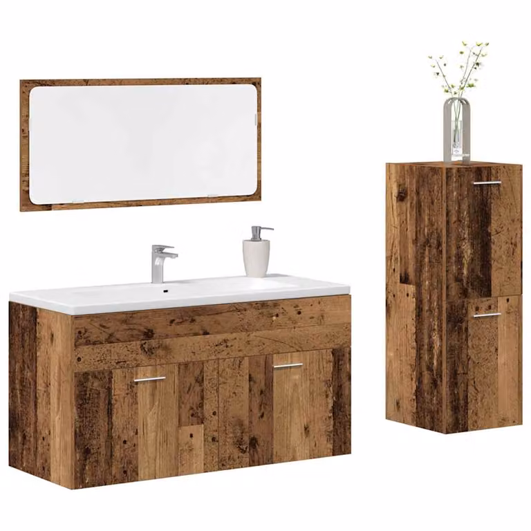 Set di mobili da bagno vidaXL 3 pezzi in legno multistrato color marrone antico con mobile lavabo, armadietto con specchio e mobile laterale