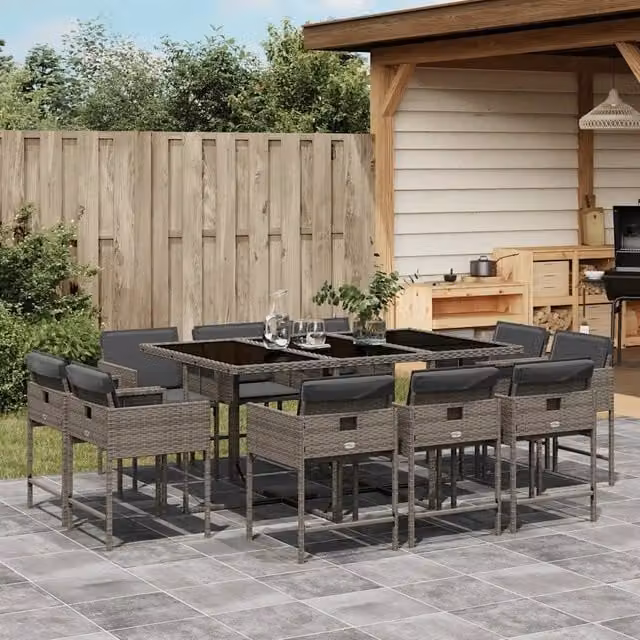Set da Pranzo da Giardino 11pz con Cuscini in Polyrattan Grigio 3211388