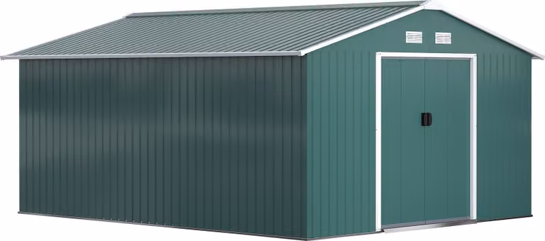 Casetta da giardino Outsunny da 12,4 m² con tetto a due falde, porta scorrevole, fondamenta verdi