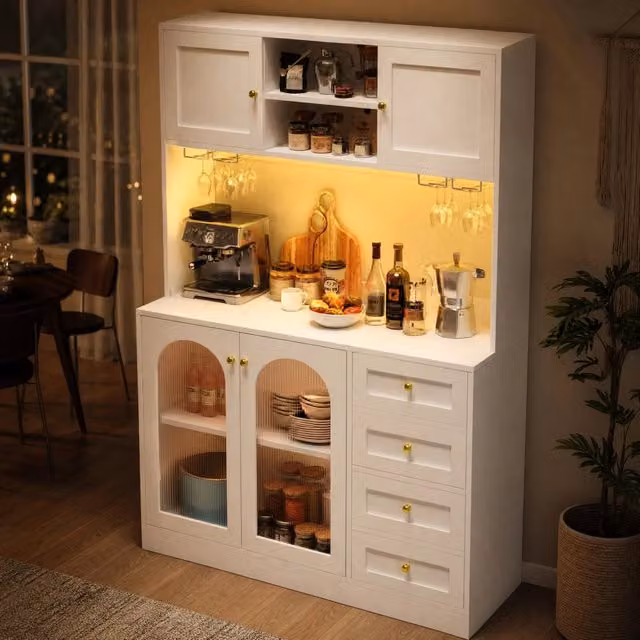 Credenza Mivray per cucina e soggiorno in MDF bianco e vetro con illuminazione LED integrata L/P/H: 120 x 40 x 188 cm