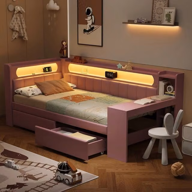 Letto singolo 90x200 cm imbottito rosa con scrivania integrata; 2 cassetti; USB e LED a 7 colori