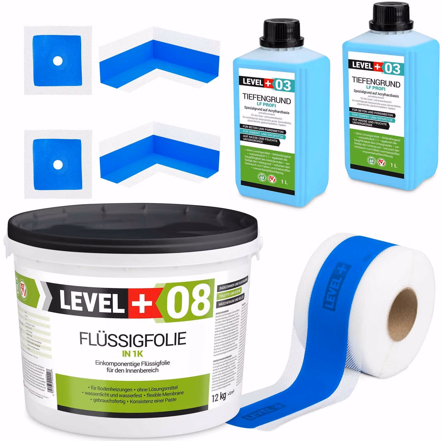 Kit di impermeabilizzazione Foglio liquido 12 kg Nastro sigillante 5 mb Nastro sigillante 2 l Primer Doccia in bagno - LEVEL+ SET329