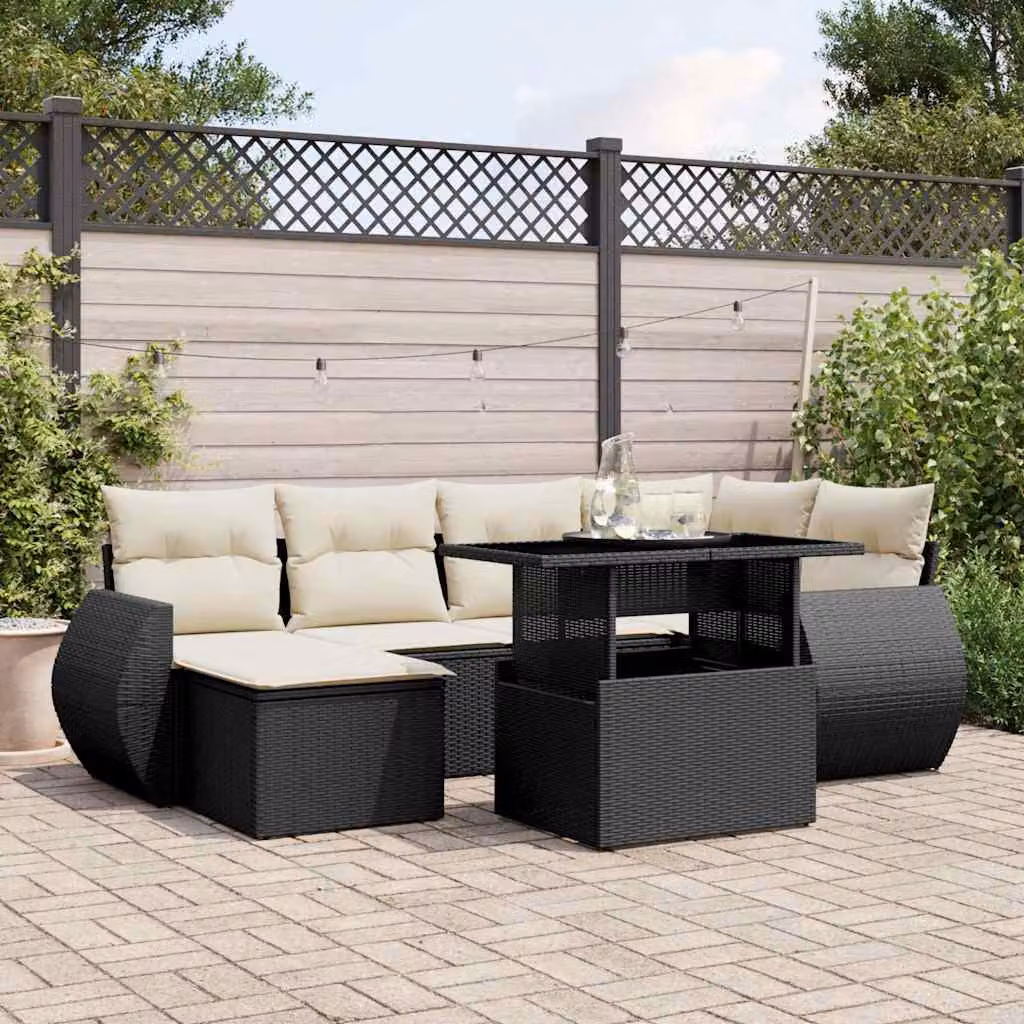 Set Divano da Giardino a L vidaXL con 7 Pezzi, Polyrattan Nero e Cuscini Imbottiti con Rivestimenti Rimovibili – 1