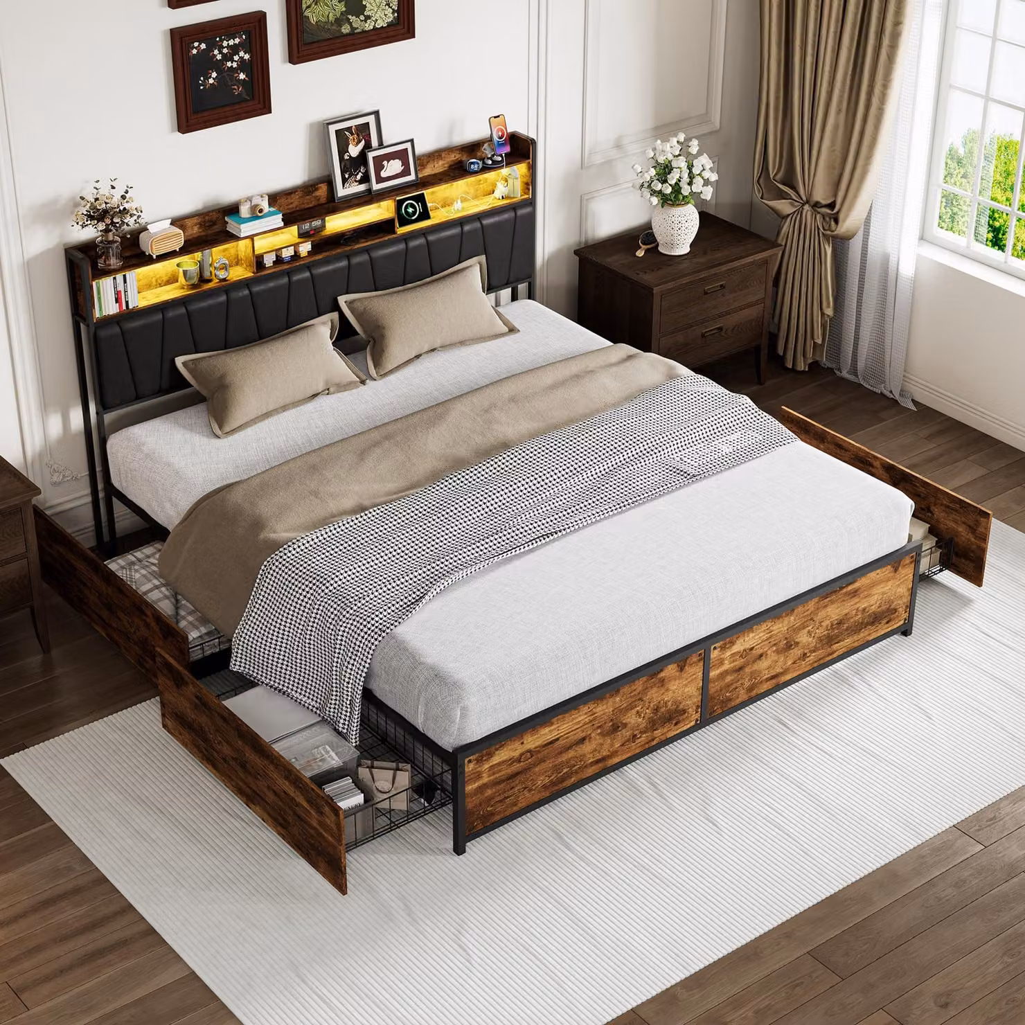 Letto matrimoniale ProximaX con struttura in metallo, dimensioni 180x200 cm, dotato di testiera con illuminazione LED, stazione di ricarica USB e ampio contenitore – letto moderno con ampio spazio di stoccaggio per la camera da letto