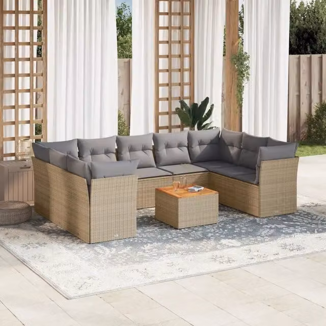 Set Divano da Giardino a L vidaXL in Polyrattan con Cuscini Beige e Grigio e Tavolino da Esterno – 1