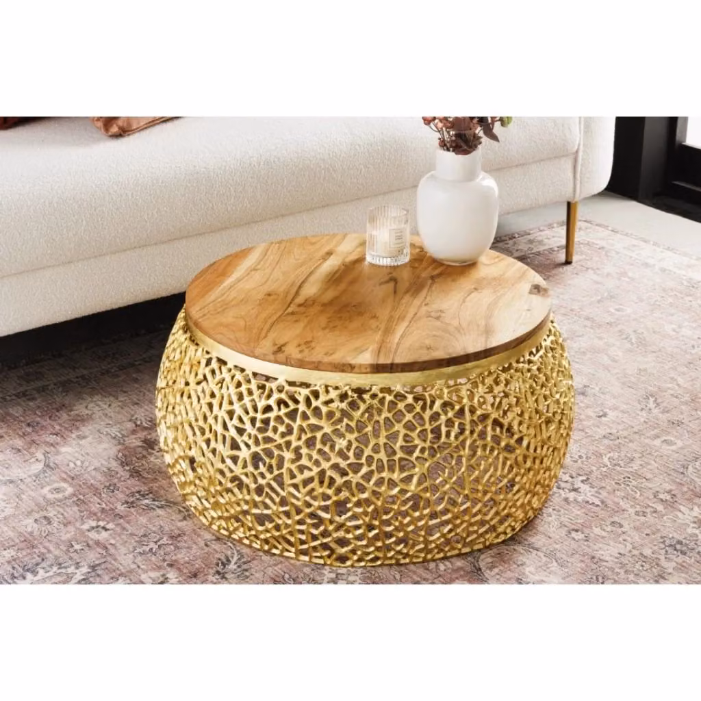 Tavolino basso rotondo METRIX Meublorama con piano in legno di acacia e struttura dorata, Diametro: 72 cm, H: 34 cm – 2