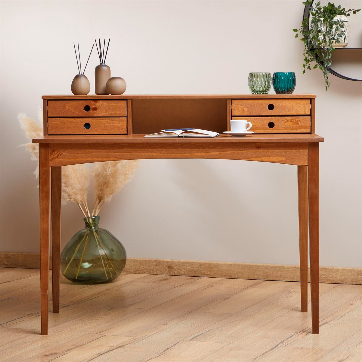 Scrivania MILANO con 4 cassetti e 1 ripiano, legno massiccio color castagno, lavorazione robusta Scrivania per PC con spazio di archiviazione per ufficio e ufficio domestico