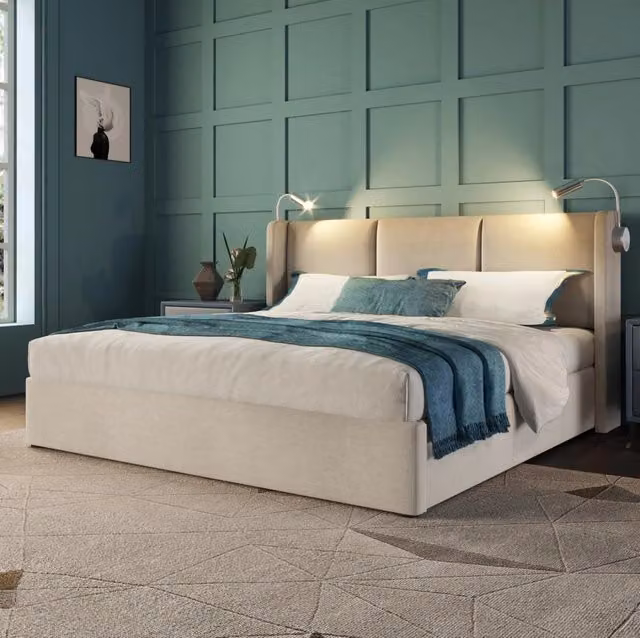 Letto imbottito 140x200 cm; contenitore con luce lettura e USB; lino beige (Senza materasso)