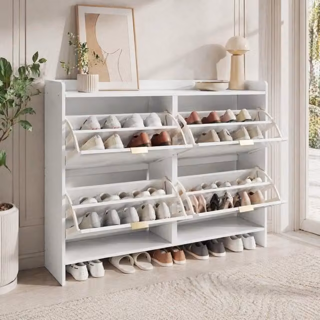Scarpiera Mivray bianca con vani a ribalta, ripiani interni e vani aperti, finitura opaca, L: 110 cm, P: 24 cm, H: 90 cm