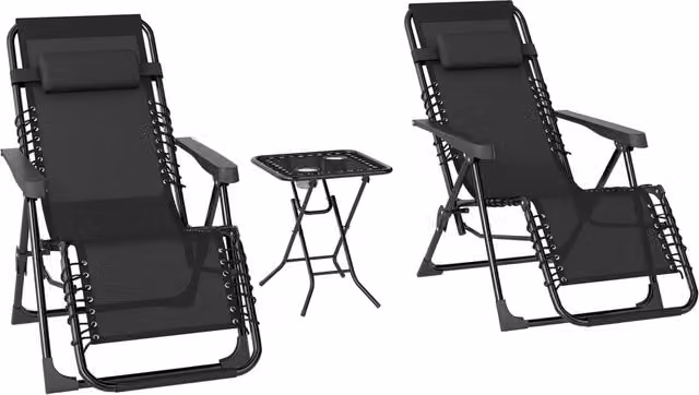 Set di 2 sedie chaise longue Minimal pieghevoli con tavolino nero e grigio in textilene e metallo con poggiatesta regolabile e portabicchieri