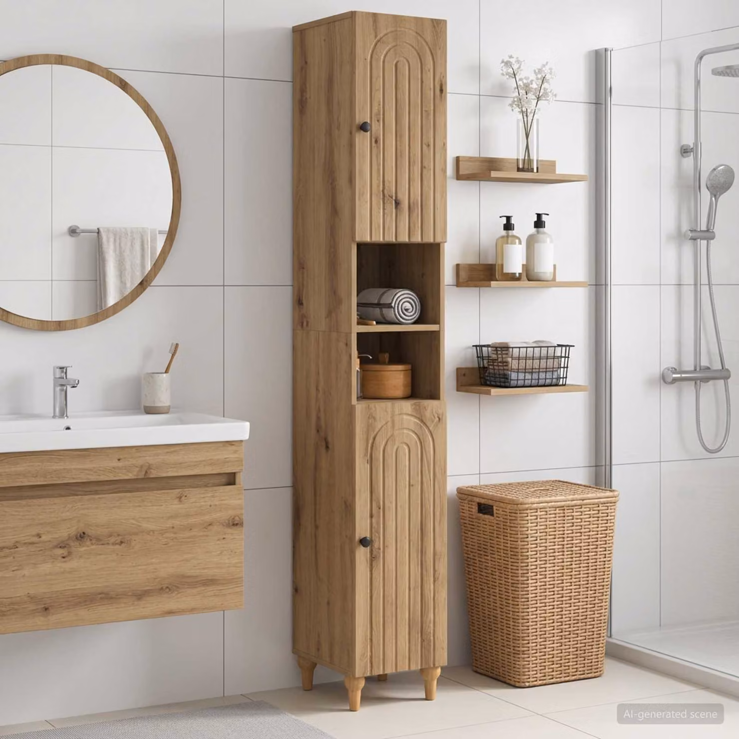 Armadio da bagno moderno vidaXL con ante a battente e ripiano aperto, marrone e nero, L/P/H: 60 x 31 x 190 cm