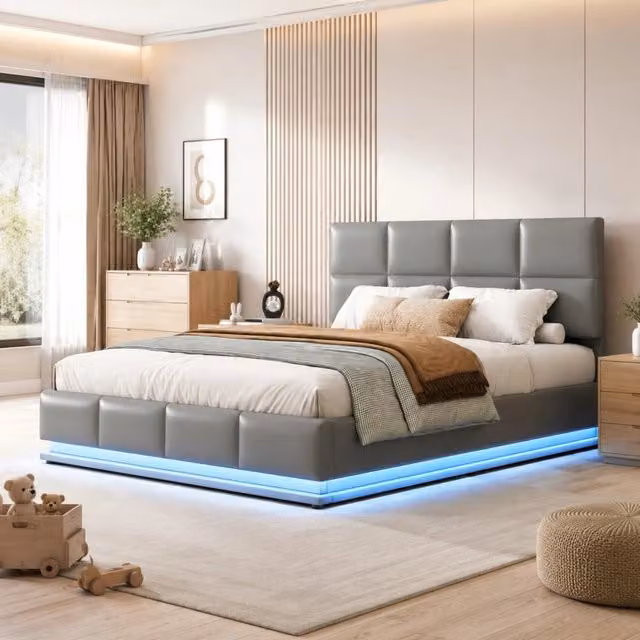 Letto contenitore ULEVR 180x200 cm in similpelle grigio cemento con LED, rete a doghe e apertura idraulica