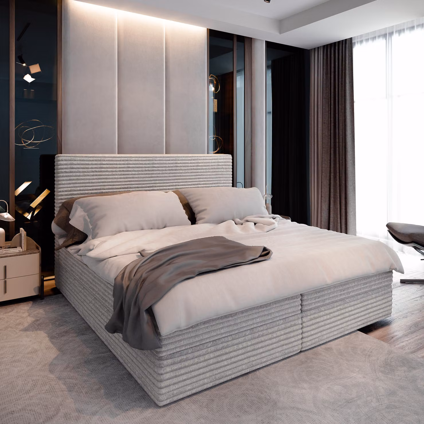 Letto a molle Masseno PISA 160x200 cm completo di materasso e topper Bonell, letto imbottito con cassettiere - grigio chiaro, TILIA 83