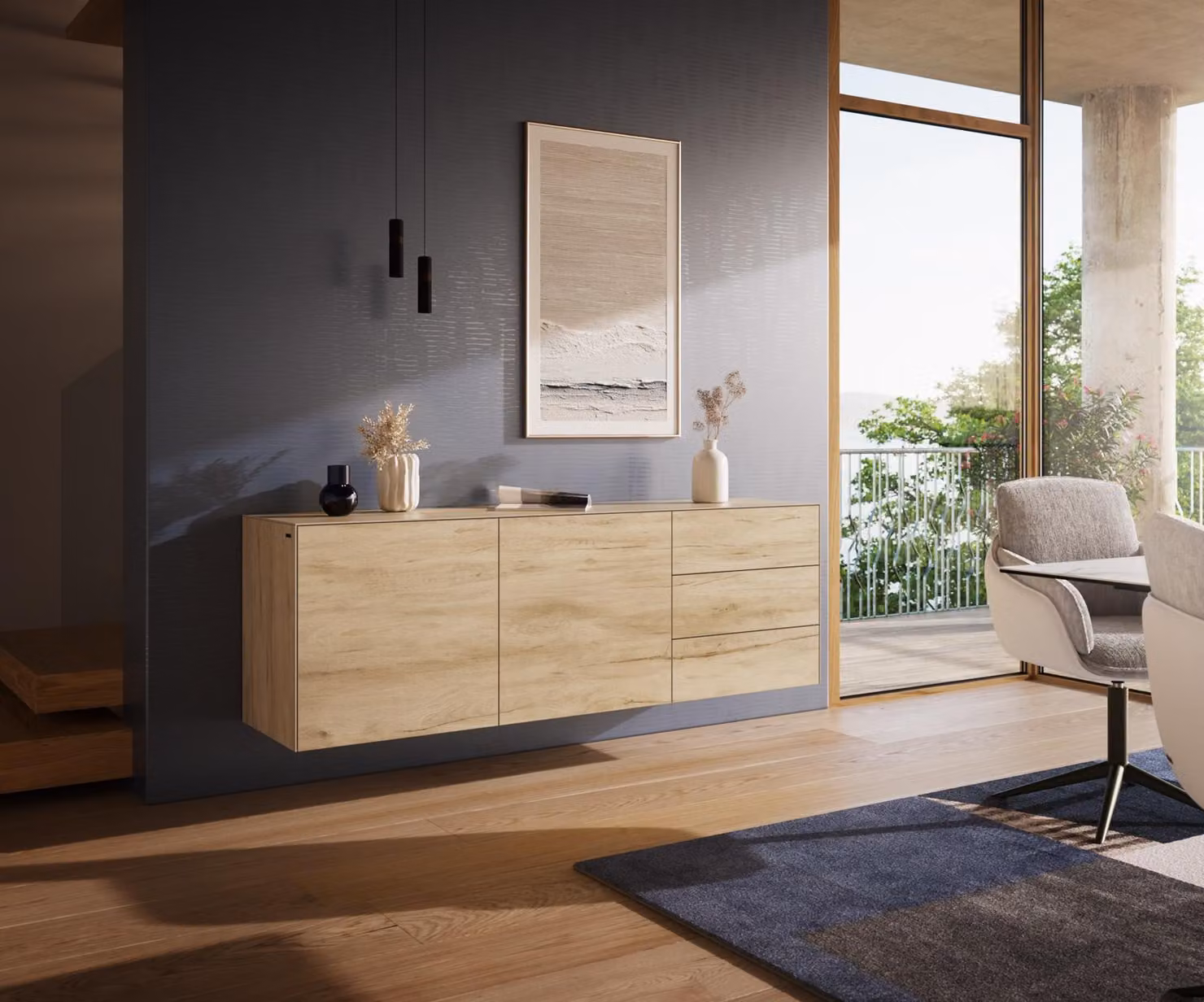 DELIFE Credenza Cuor 180 cm Vetroceramica Laminam® Sabbia colore Rovere 2 ante 3 cassetti Galleggiante